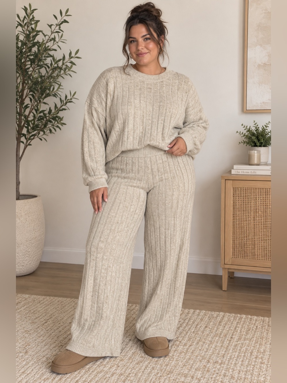 Sincerely Jules Oatmeal Ribbed Crop Sweater & Wide Leg Pants Lounge Set XL